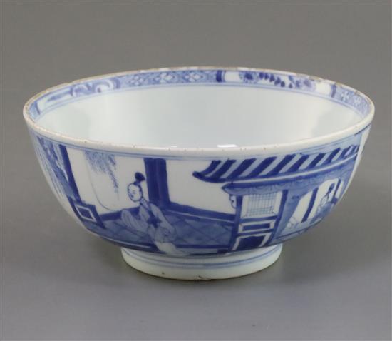 A Chinese blue and white bowl, Yongzheng six character mark and of the period (1723-35), D. 17.5cm, fritting to the rim
